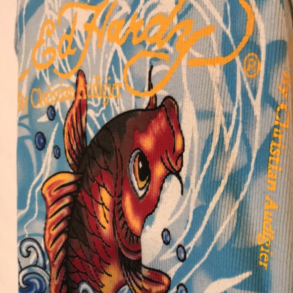 Ed Hardy by Christian Audigier women’s light blue tank top. Koi mermaid Sz OS - Picture 5 of 8